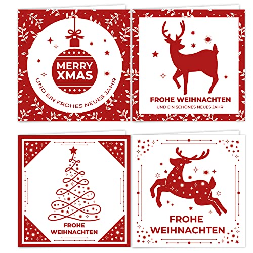 12 Weihnachtskarten Set Klappkarten mit Umschlägen quadratisch Karte Karten Umschlag glanz Frohe Weihnachten Merry Christmas xmas Rot Weiß Reh Rentier Kugel Weihnachtsbaum Geschenk von Klasse