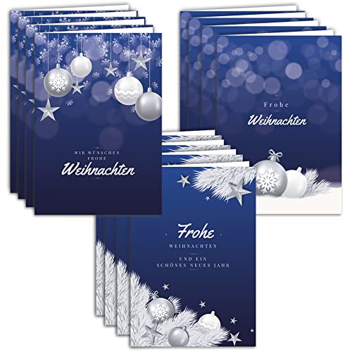 12 Weihnachtskarten Set Klappkarten mit Umschlägen a6 Karte Karten Geschäftlich Umschlag glanz Frohe Weihnachten Merry Christmas xmas Hellblau Dunkelblau Blau Geschenk Weihnachtsgrüße von Klasse