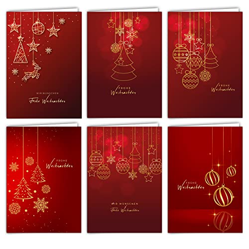 12 Weihnachtskarten Set Klappkarten mit Umschlägen a6 Karte Karten Umschlag glanz Frohe Weihnachten Merry Christmas xmas Rot Gold Sterne Tannenbaum Kugel Reh Geschenk von Klasse