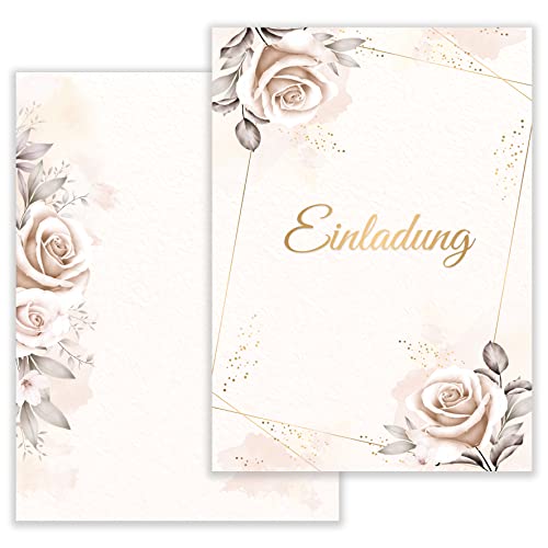 E&G Klasse Einladungskarten Rosen beige 10 er Set 2 seitig - hochwertig Einladung Geburtstag Feier Fest Jubiläum 20 30 40 50 60 70 80 Hochzeit Geburtstagsfeier Einladungskarte beige elegant von Klasse