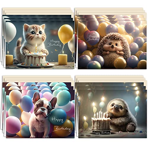 Geburtstagskarte Glückwunschkarten Set mit 12 Geburtstagskarten Klappkarten mit Umschlägen Süßen Hunden, Katzen, Igel & Faultier mit Happy Birthday bedruckt von E&G Klasse