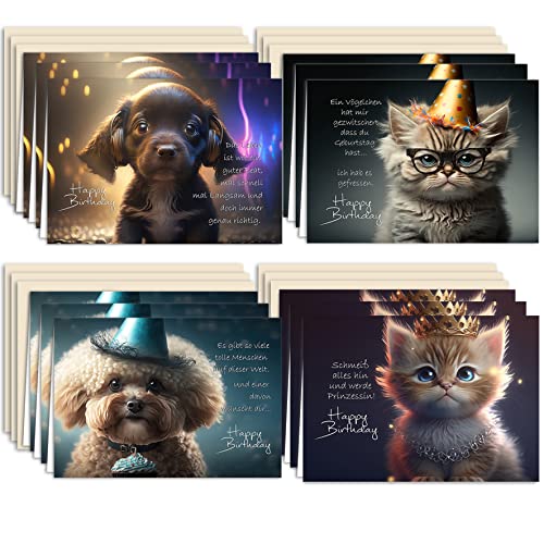 Geburtstagskarte Glückwunschkarten Set mit 12 Geburtstagskarten Klappkarten mit Umschlägen Süßen Hunden und Katzen mit lustigern Sprüchen Happy Birthday von Klasse