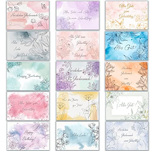 Klasse Geburtstagskarten, Klappkarten, 15er-Set, mit 15 verschiedenen Motiven und Umschlägen, Geburtstag, Aquarell, zartes Pastell, alles Gute zum Geburtstag, Wünsche, alles Liebe, Geschenk Klasse Geburtstagskarten, Klappkarten, 15er-Set, mit 15 verschiedenen Motiven und Umschlägen, Geburtstag, Aquarell, zartes Pastell, alles Gute zum Geburtstag, Wünsche, alles Liebe, Geschenk von Klasse