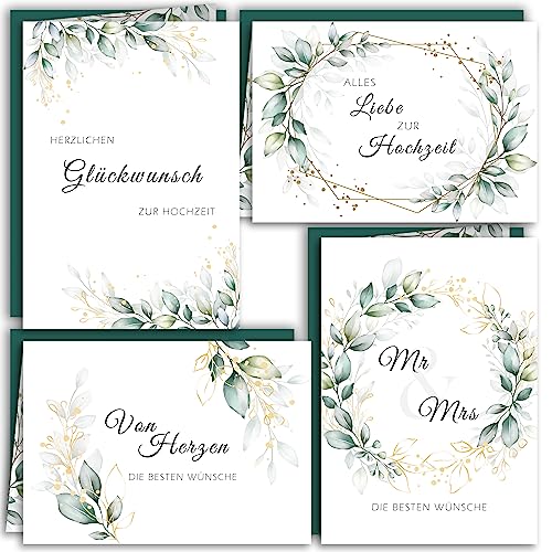 Hochzeit Glückwunschkarten 4er Set Grün Blätter Aquarell mit grünen Umschlägen Klappkarten elegante und moderne Hochzeitskarten Eukalyptus von E&G Klasse