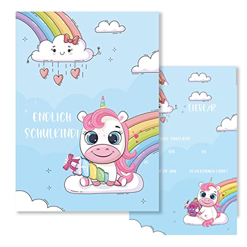 Klasse 10x Einschulung Einladungskarten Einladung Kinder Mädchen Einhorn Regenbogen 10x15 cm Party Kinder Schulbeginn Schulstart Erstklässler Schulkind Erste Schulanfang von Klasse