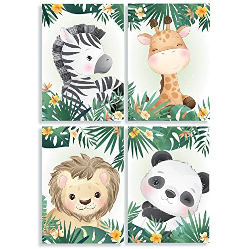 Klasse 4er Set Bilder Dschungeltiere Dschungel Panda Löwe Giraffe Zebra Dekobilder Kinderzimmer Babyzimmer Jungen Mädchen Baby Bilderset Poster DIN A4 Dekoration (ohne Rahmen) von Klasse