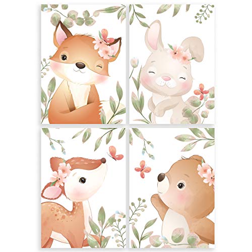 Klasse 4er Set Bilder Waldtiere Dekobilder 2 Bär Fuchs Reh Hase Kinderzimmer Babyzimmer Mädchen und Junge Bilderset Poster DIN A4 Dekoration Wald Tiere (ohne Rahmen) von Klasse