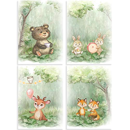 Klasse 4er Set Bilder Waldtiere Dekobilder Bär Fuchs Reh Hase Kinderzimmer Babyzimmer Mädchen und Junge Bilderset Poster DIN A4 Dekoration Wald Tiere (ohne Rahmen) von Klasse