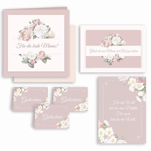 Mama Mutter Geschenkset Glückwunschkarte 7 teiliges Set mit Grußkarte Klappkarte mit Umschlag Gutschein Flaschenaufkleber Blumenaufkleber Sticker Zart Pastell alles Gute Alles Liebe Muttertag Mami von E&G Klasse