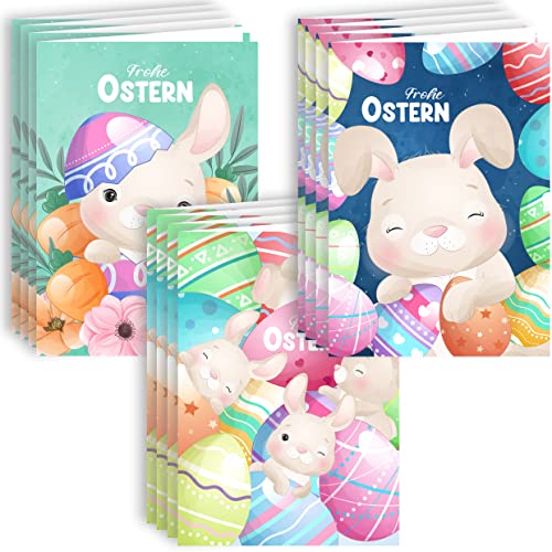 Osterkarten mit Umschlag Set 12 Stück aufklappbar Frohe Ostern Grußkarten in A6 Klappkarten mit süßen Hasen Blumen Eiern Happy Easter Oster Karten Kartenset Umschlag hochwertig geschäftlich von Klasse