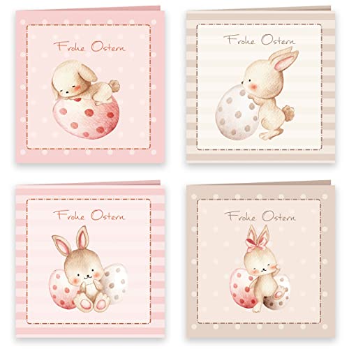 Osterkarten mit Umschlag Set 8 Stück aufklappbar XL 15x15 cm Frohe Ostern Grußkarten quadratisch 15x15 Klappkarten zarte Pastelltöne Hasen Happy Easter Oster Karten Kartenset Umschlag hochwertig von E&G Klasse