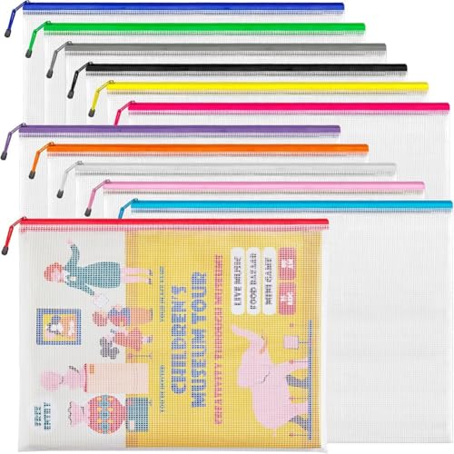 Kleagary A3 (42,9 x 31,5 cm, 12 Stück) Netz-Reißverschlusstaschen, extra große Reißverschlusstaschen, wasserdichte Dokumententaschen für Bürobedarf von Kleagary