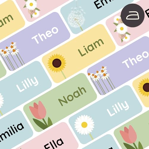 Klebekerlchen® | Bügeletiketten für Kleidung (120 Stk. 30x13 mm) | Wäscheetiketten zum Einbügeln mit Namen, Perfekt für Kinder, Schule und Kindergarten - Blumen von Klebekerlchen