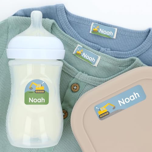 Klebekerlchen® Namensaufkleber Kinder Set für Kleidung & Gegenstände (75 Stück), Namensetiketten zum Beschriften für Kindergarten, Kita oder Schule, wasserfest – Bagger von Klebekerlchen