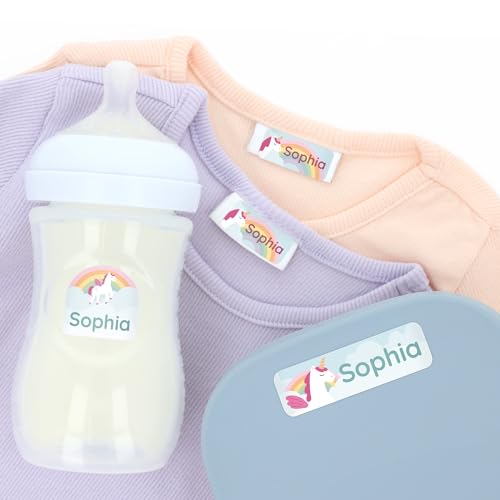 Klebekerlchen® Namensaufkleber Kinder Set für Kleidung & Gegenstände (75 Stück), Namensetiketten zum Beschriften für Kindergarten, Kita oder Schule, wasserfest – Einhorn von Klebekerlchen
