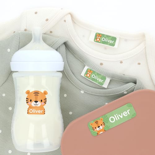 Klebekerlchen® Namensaufkleber Kinder Set für Kleidung & Gegenstände (75 Stück), Namensetiketten zum Beschriften für Kindergarten, Kita oder Schule, wasserfest – Tiger von Klebekerlchen