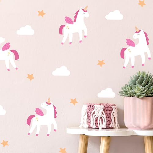 Klebekerlchen® | Wandtattoo Kinderzimmer Mädchen & Junge, Wandsticker selbstklebend, Kinderzimmer Deko – Wandtattoo Einhorn mit Flügeln Wolken Sterne Sticker (Set mit 23 Motiven) von Klebekerlchen