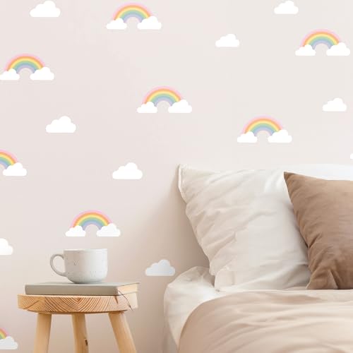 Klebekerlchen® | Wandtattoo Kinderzimmer Mädchen & Junge, Wandsticker selbstklebend, wiederverwendbare & rückstandsfreie Kinderzimmer Deko – Wandtattoo Regenbogen & Wolken Sticker (Set mit 36 Motiven) von Klebekerlchen