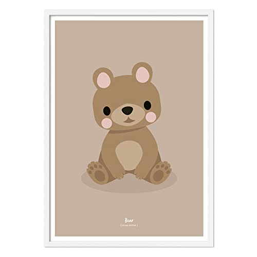 Klebekerlchen Poster 50x70 mit Waldtieren | Dekoration für Kinderzimmer und Babyzimmer | Bilder mit Tiermotiven für Jungen und Mädchen | mit Rahmen Weiß – Bär von Klebekerlchen