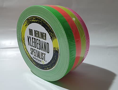 Klebeland 15mm x 25m Neon Tape Art Set, aus PE-beschichtetem Gewebe, mit 4 Rollen 15 mm 25 m, pink, grün, orange, gelb, Gewebeband neonfarbenes Klebeband, stark haftendes Gaffa-Tape, Mehrfarbig von Klebeland