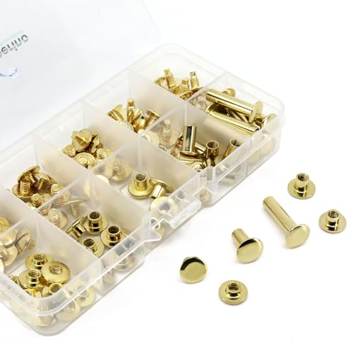 KLEBERINO Buchschrauben Sortimentsbox | 100 tlg. Buchbinderschrauben Set | 5 Größen | Schraubnieten für Leder,Gürtel ect. (Vermessingt (Gold)) von Kleberino