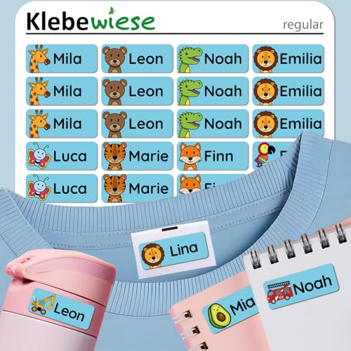 Klebewiese® - Namensaufkleber für Kinder (240 Stück) - Kleidung und Gegenstände - waschmaschinenfest und personalisiert (Farbe: Blau) von Klebewiese