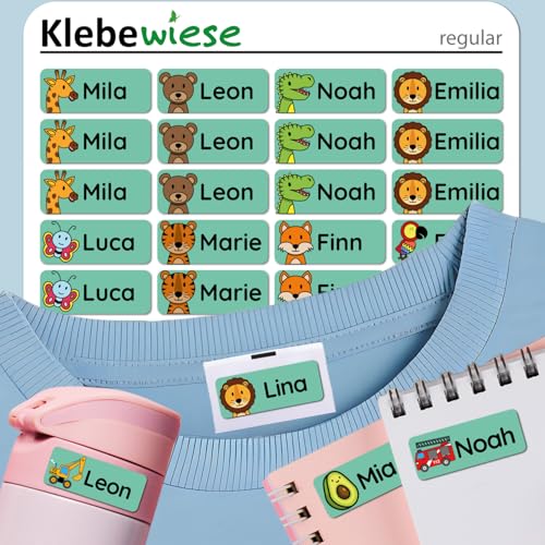 Klebewiese® - Namensaufkleber für Kinder (48 Stück) - Kleidung und Gegenstände - waschmaschinenfest und personalisiert (Farbe: Grün) von Klebewiese