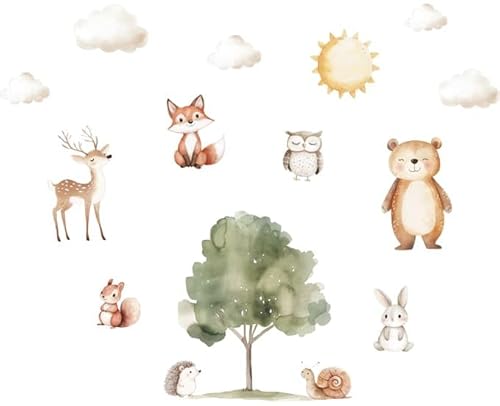 Wandtattoo Waldtiere #53 – Selbstklebende Wanddekoration – Blasenfreie Anwendung, nachhaltig & PVC-frei – Baum 56 x 73 cm, 8 Tiere 15 – 43 cm, 1 Sonne Ø 26 cm, 5 Wolken ca. 15 x 30 cm von Klebewurm
