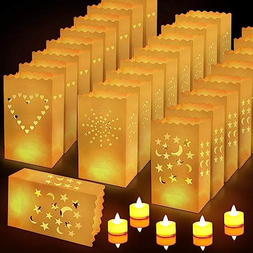 Kleemeiero 30 Stück Papier Lichttüten Feuerfest Papierlichtertüten Kerzentüten Lichttüten Hochzeitsdekoration Candle Bags mit Herz Sternmond Sonne Tütenwindlicht für Hochzeit Valentinstag 26*15*9cm von Kleemeiero