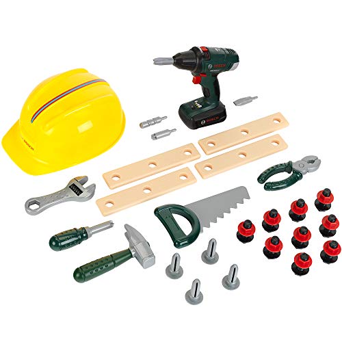 Theo Klein 8417 Bosch Handwerker-Set, 37-teilig I Kinder-Akkuschrauber mit Licht & Sound I Werkzeug und Werkbank- Zubehör wie Hammer, Säge, Bauarbeiter-Helm u.v.m. I Spielzeug für Kinder ab 3 Jahren von Klein