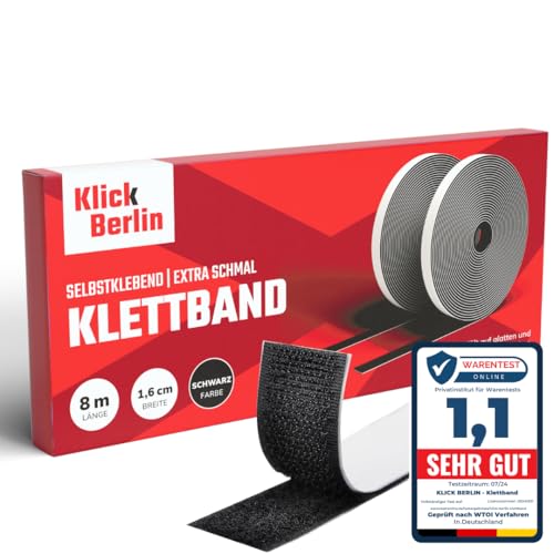 Klick Berlin Klettband Selbstklebend Schmal | 1,6 cm x 8 m | Klett Klebeband klebt auf vielen Flächen | Klettverschluss | 16 mm breit, 8 Meter lang, schwarz Klick Berlin Klettband Selbstklebend Schmal | 1,6 cm x 8 m | Klett Klebeband klebt auf vielen Flächen | Klettverschluss | 16 mm breit, 8 Meter lang, schwarz von Klick Berlin