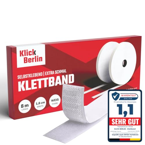 Klick Berlin Klettband Selbstklebend Schmal | 1,6 cm x 8 m | Klett Klebeband klebt auf vielen Flächen | Klettverschluss | 16 mm breit, 8 Meter lang, weiß von Klick Berlin