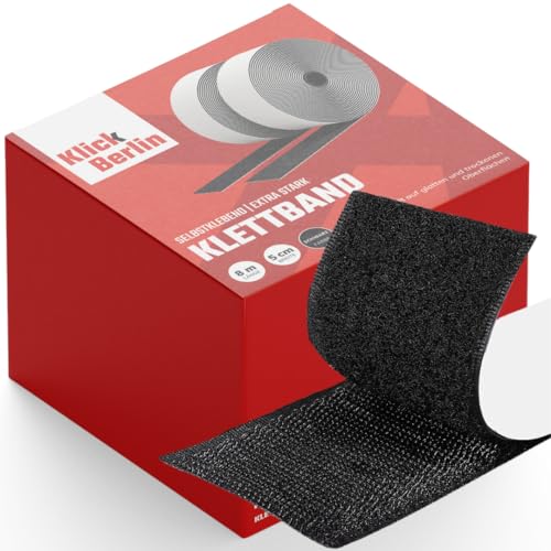 Klick Berlin Klettband Selbstklebend Extra Stark 5 cm x 8 m | Klett klebt auf vielen Flächen | Klettverschluss | 50 mm breit, 8 Meter lang | Schwarz von Klick Berlin