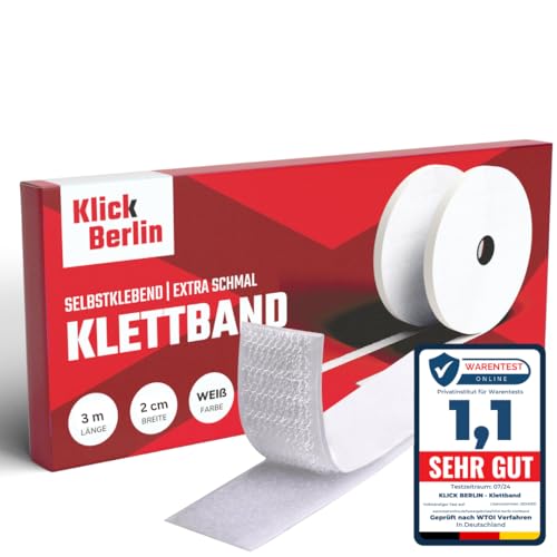 Klick Berlin Klettband Selbstklebend Schmal | 2 cm X 3 m | Klett Klebeband klebt auf vielen Flächen | Klettverschluss | 20mm breit, 3 Meter lang weiß von Klick Berlin