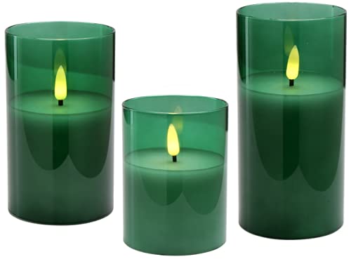 Klocke Dekorationsbedarf Wunderschöne LED Kerzen im Glas - 3er Set - Timer - Hochwertig & Realistisch - Kerzenset (Grün) von Klocke Dekorationsbedarf