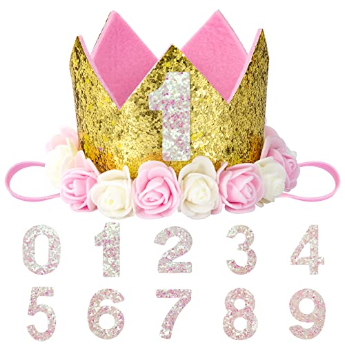 Kmbcove Geburtstag Hüte für Baby Party Krone Kinder mit Rosendekor und Zahlen von 0-9 Pailletten Haarschmuck Prinzessin für Geburtstagsfeier Festival Baby Shower von Kmbcove