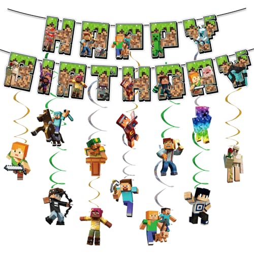 Gamer Geburtstagsdeko Banner, Geburtstag Swirl Decorations Geburtstagsdeko, Cartoon Hängende Luftschlangen, Gamer Happy Birthday Dekoration Kit für Thema Party Deko(C) von Kmjxsm