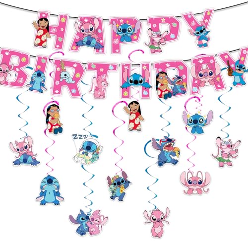 Stit Geburtstagsdeko Banner, Cartoon Hängende Luftschlangen, GeburtstagSwirl Decorations Geburtstagsdeko, Happy Birthday Dekoration Kit für Kinder Thema Party Deko(B) von Kmjxsm