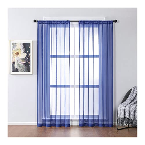 KnBoB Gardinen Transparent 2er Set, Polyester Dunkelblau Einfarbig Fenster Vorhänge Kinderzimmer mit Stangendurchzug Voile Gardinen 137 x 244 cm von KnBoB
