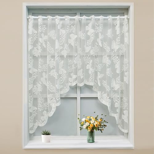 KnBoB Scheibengardine Spitze(100x180cm) – Schmetterlinge Kurzgardine, Halbtransparent Stickerei Voile, Mit Ösen, Polyester, Weiß – Für Tür/Küche/Wohnzimmer von KnBoB