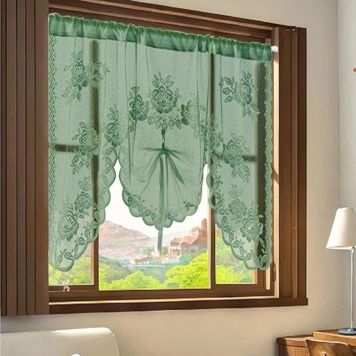 Kurzgardine Voile (100x200cm) – Blumen & Blätter, Transparent Spitze, M-Bogen, Stangendurchzug, Polyester, Grün – Für Tür/Küche/Café von KnBoB