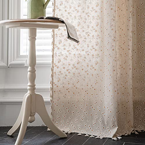 KnSam Halbtransparent Tüllvorhänge mit Kräuselband Beige, Gänseblümchen Muster Blumen Transparente Schlaufen Gardinen aus Baumwolle Leinen, 150x220CM(BxH) von KnSam