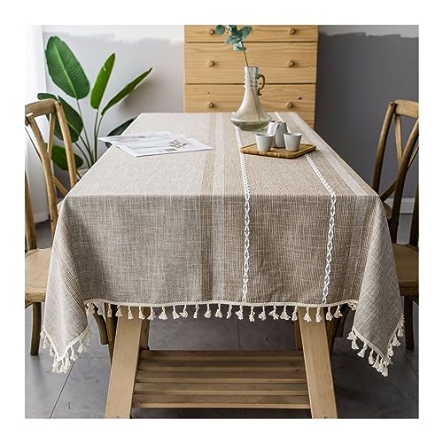 KnSam Tischtücher 140x180CM, Streifen Quaste Tischwäsche Polyester Tischdecke Abwaschbar für Draußen Abwaschbar für Drinnen Draussen Garten Esszimmer Party und Festen, Kaffee von KnSam