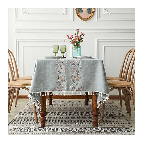 KnSam Tischtücher 140x260CM, Blumen Stickerei Tischwäsche Polyester Abwaschbare Tischdecke Camping Abwaschbar für Wohnzimmer, Esszimmer, Balkon, Garten, Blau von KnSam