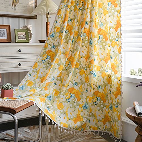 KnSam Vorhänge für Fenster mit Kräuselband Beige Gelb, Blumen Muster Blumen Vorhang UV Schutz aus Baumwolle Leinen, 150x160CM(BxH) von KnSam