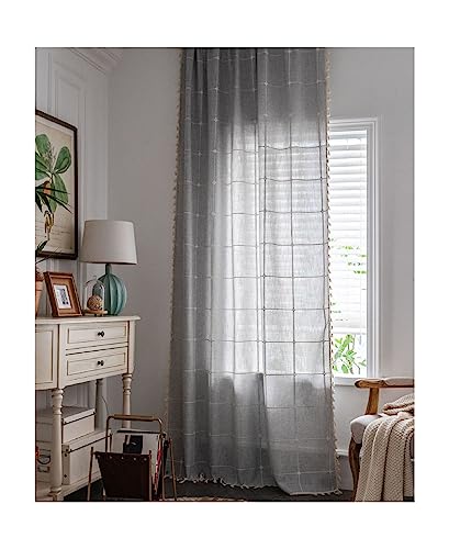 KnSam Vorhang für Fenster mit Kräuselband Grau, Gestickt Quadrat Kariert Einfarbig Vorhang Kinderzimmer Junge aus Baumwolle, 100x180CM(BxH) von KnSam