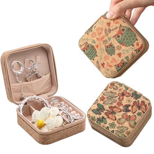 Knana Reise-Schmuckkästchen aus Kork – Reise-Schmuckschatulle für Damen, modisch, Kork-Schmuckschatulle für Ringe, Halsketten, Ohrringe und kleinen Schmuck (Eule und Schmetterling), 2 Stück von Knana