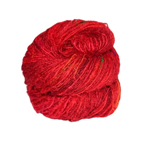 Knitsilk Premium recyceltes Sari-Seide-Kammgarn (137 + Meter), ideal zum Stricken, Häkeln und zur Schmuckherstellung, nachhaltiges und einzigartiges Texturgarn, Rot, 3 Stück von Knit Silk
