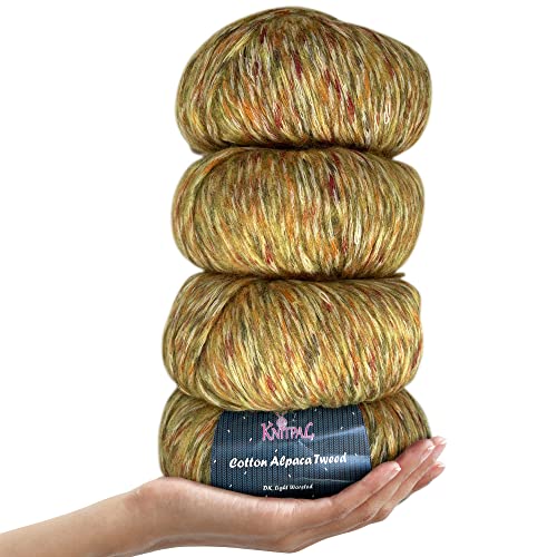 Baumwoll-Alpaka-Tweed, 3 DK, leichtes Kammgarn, 4 Stück (200 g), superweiche, flauschige Mischung zum Stricken und Häkeln, mehrfarbige Hüte, Schals, Kleidungsstücke, Decken (Birnengrün) von KnitPal