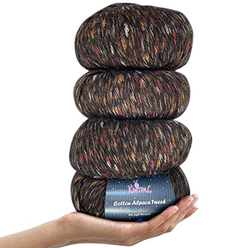 KnitPal Baumwoll-Alpaka-Tweed-Garn zum Häkeln, 20% Alpaka, 60% Baumwolle, 20% Polyamid. Alpakawolle, Baumwollmischgarn, Stricken, buntes Garn, DK-Garn mit Gewicht 3, 4 Knäule, 200 g, von KnitPal